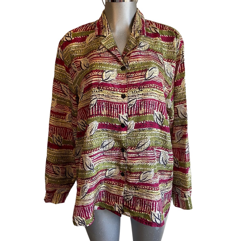 Lee David Vintage Silk Shirt Long Sleeve Business Leaf Print Forestcore Sz Large